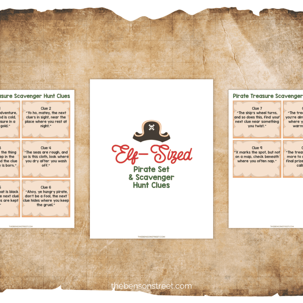 Elf on the Shelf Pirate Treasure Scavenger Hunt Clue Cards and props