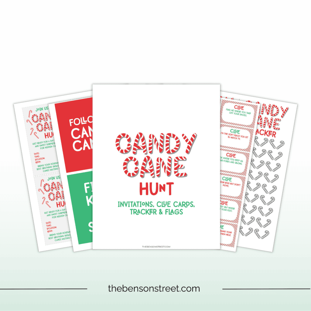 Everything you need to throw a Candy Cane Hunt Printable Pack with invitations, clue cards, tracker, and flags