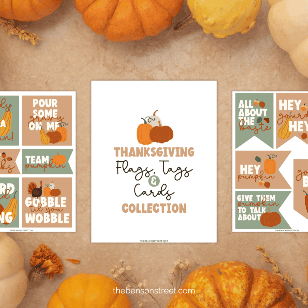 Three pages of the collection of Thanksgiving Flags, Tags, and Cards.