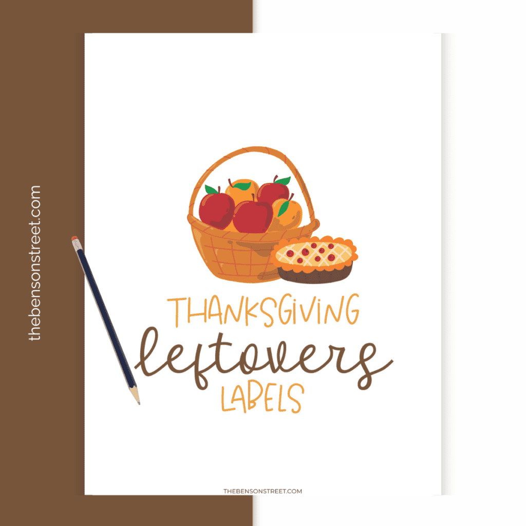 A title page printed out that says Thanksgiving leftovers with a basket of apples and a pie illustration.