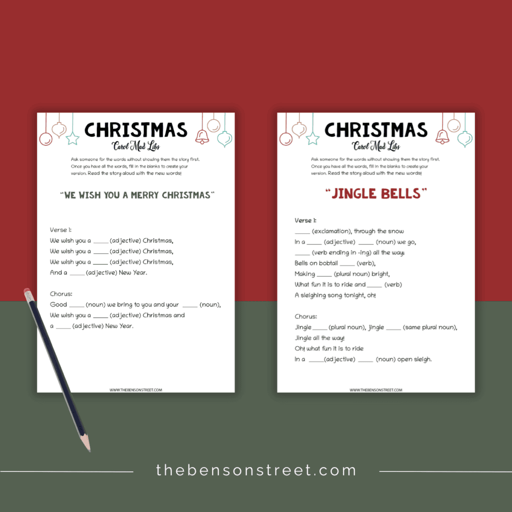 Holiday-themed mad lib featuring popular Christmas carol lyrics, ready for players to personalize with funny words.