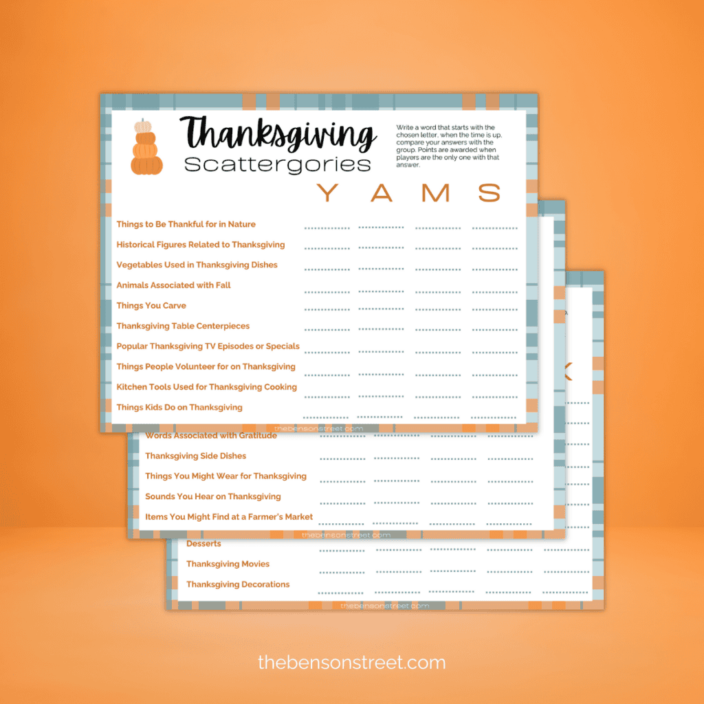 Five different Free Printable Thanksgiving Scattergories Printable Pages