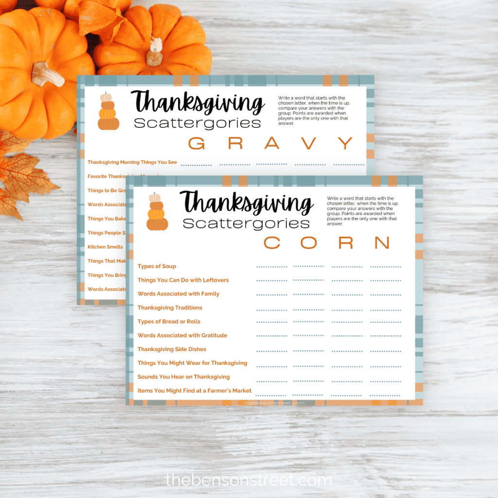 Five different Pages of Printable Thanksgiving Scattergories Printable