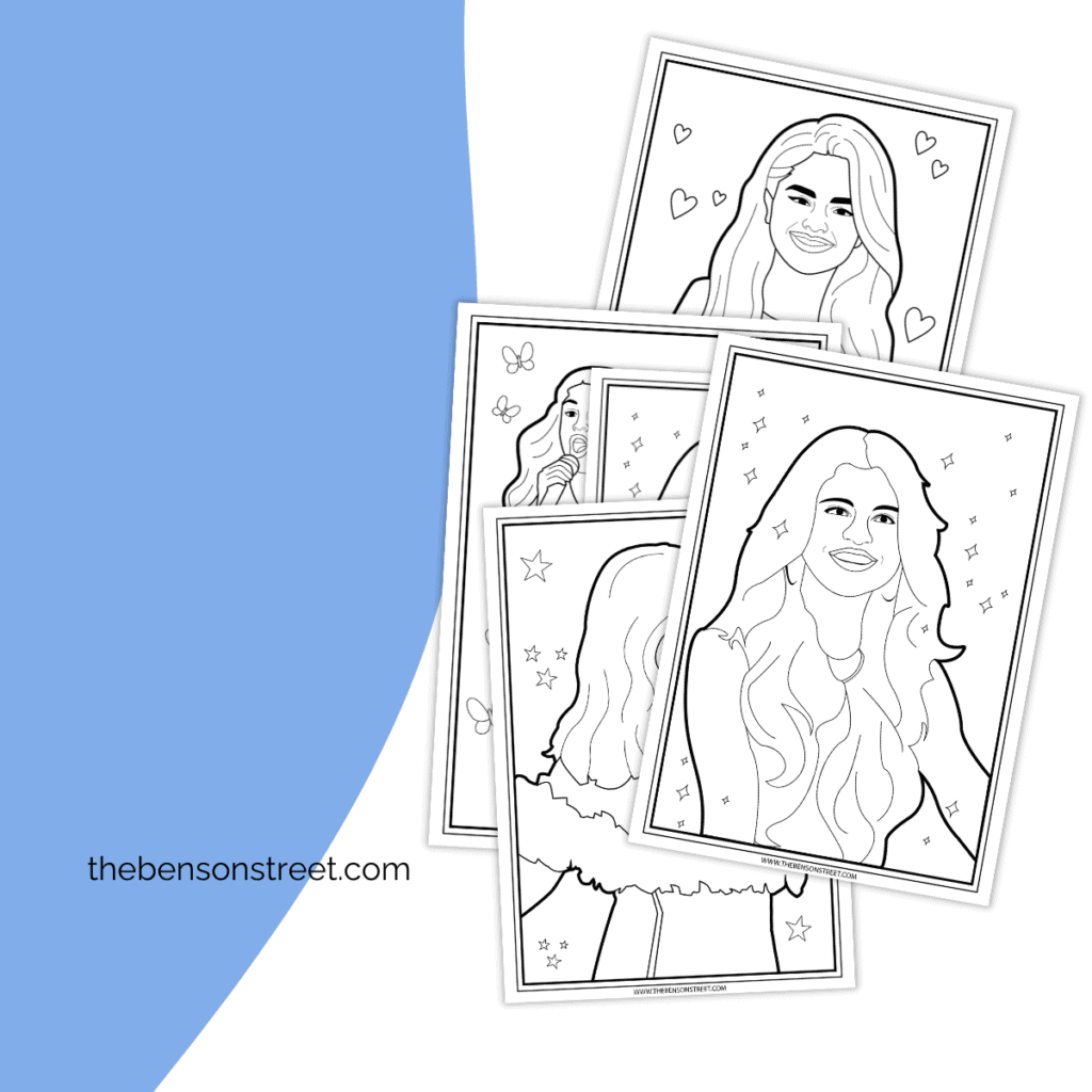 Black and white images of printable Selena Gomez Coloring Pages.