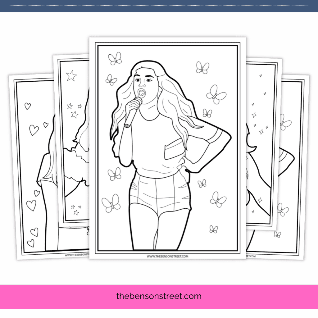 Different coloring pages featuring Selena Gomez.