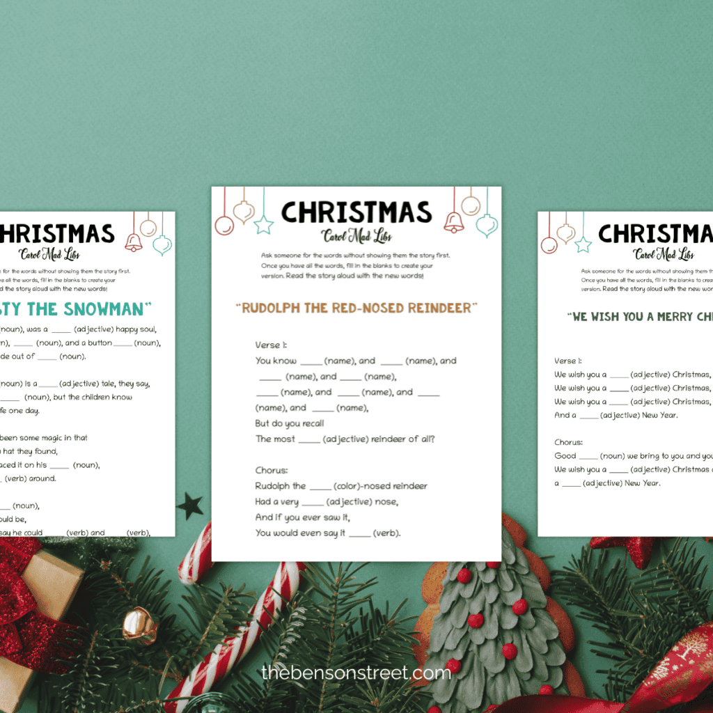 Festive Christmas carol mad lib game with colorful holiday illustrations and blank lines for player input.