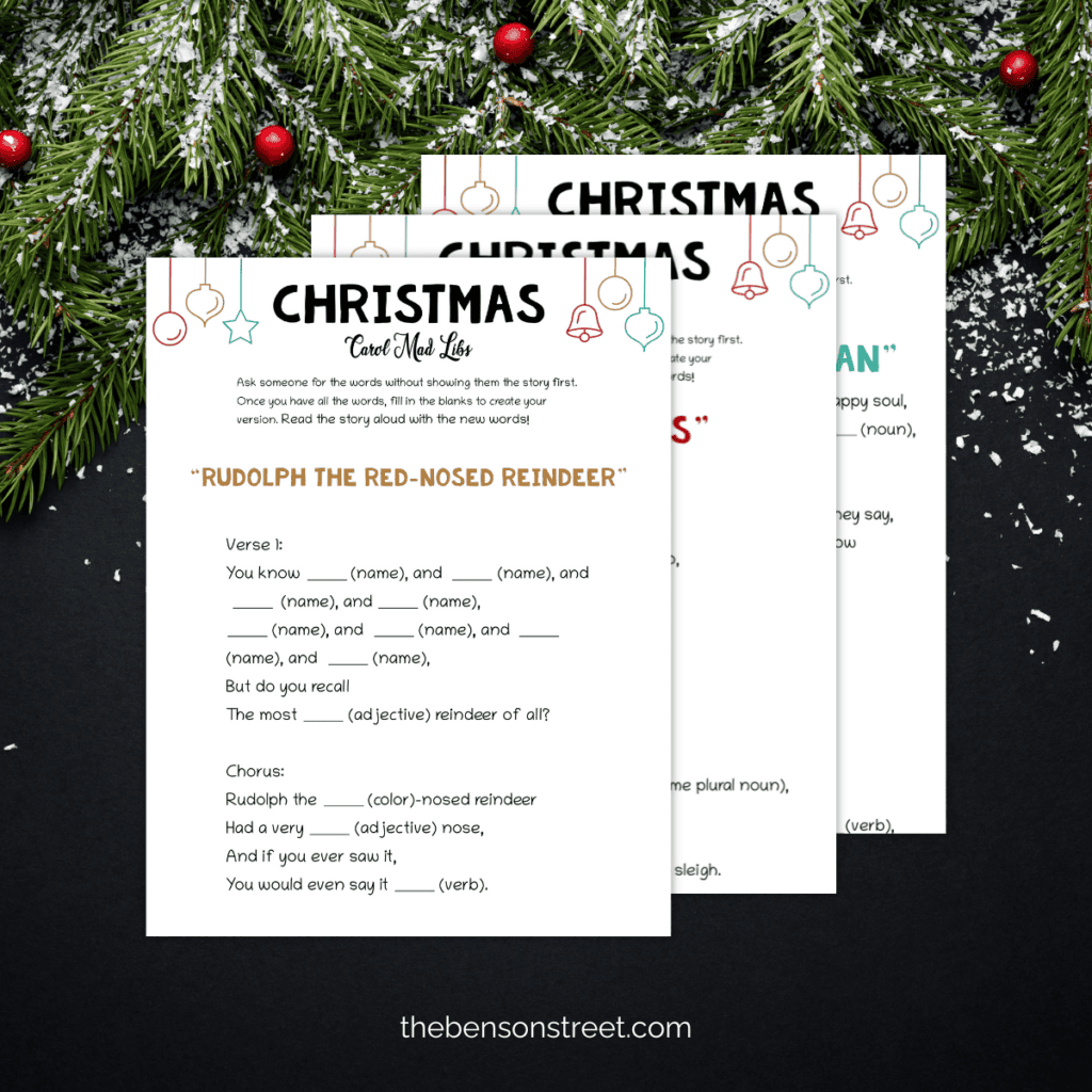 Christmas carol mad lib sheet with fill-in-the-blank sections, perfect for holiday parties and family gatherings.
