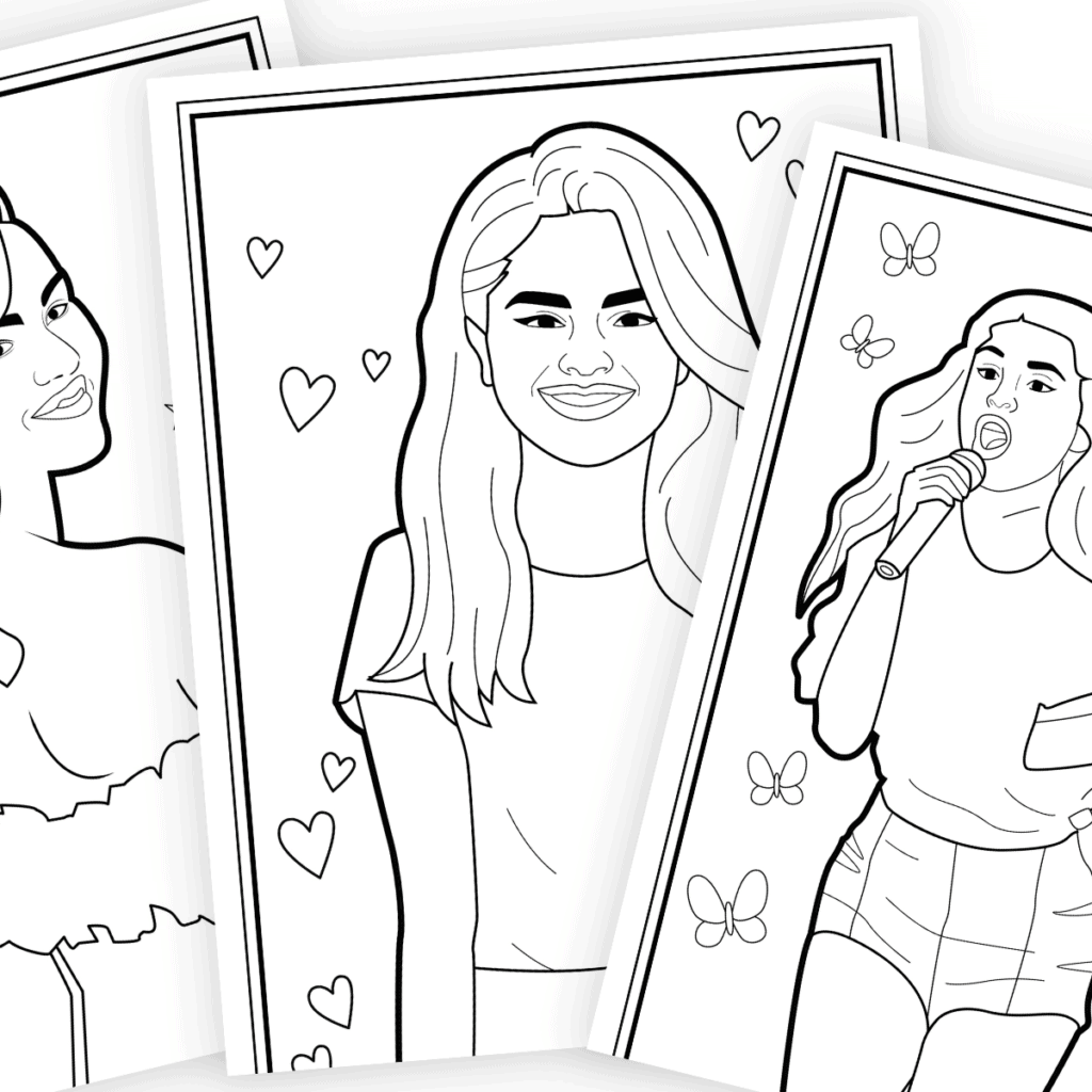 Fanned out stack of black and white free printable coloring pages of Selena Gomez