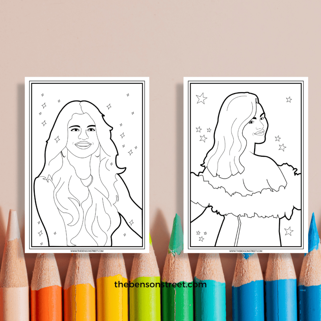 Black and white coloring pages of Selena Gomez on top of a colored pencil background.