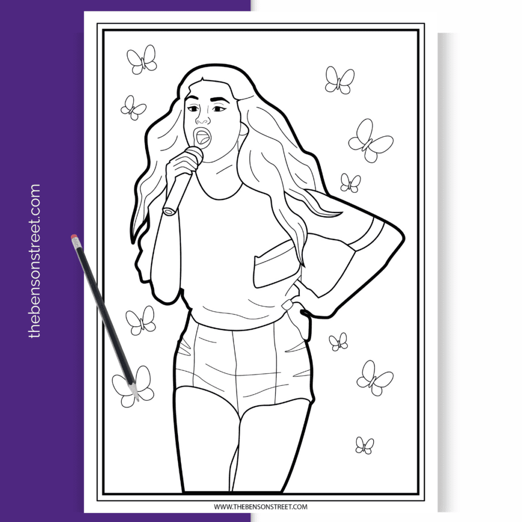 Black and white coloring sheet of Selena Gomez singing with butterflies in the background.
