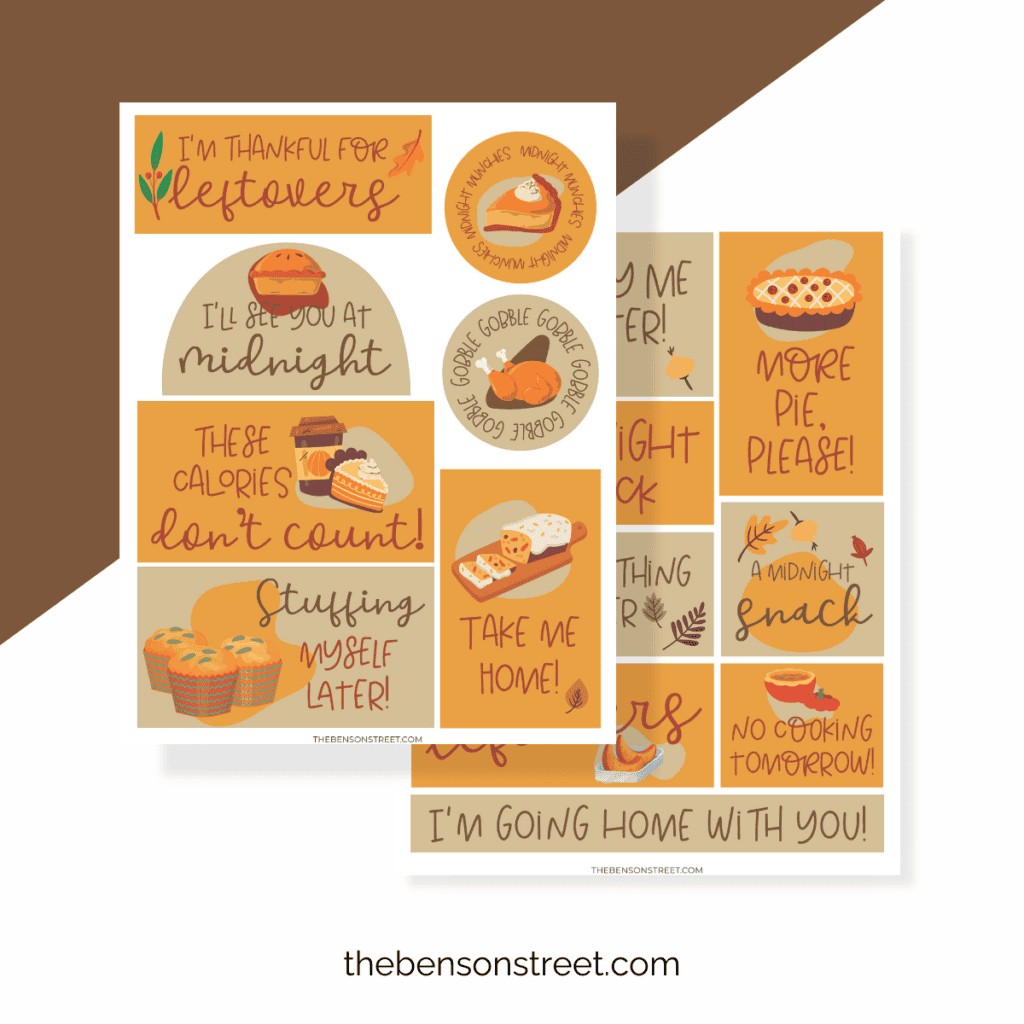 Free printable Thanksgiving leftovers labels featuring puns, and cute illustrations of thanksgiving themed items.