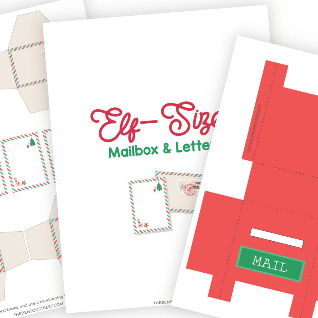 Free Elf-Sized Mailbox and letter templates in a stack fanned out