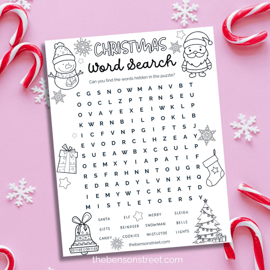 Holiday word search puzzle in black and white, featuring festive words like 'reindeer' and 'gift,' with an answer key