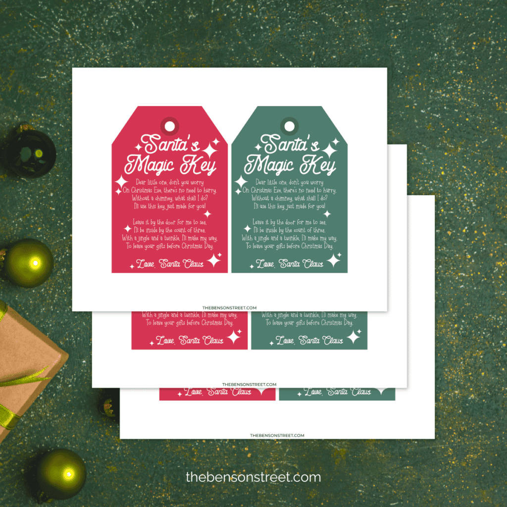 A close-up of Santa's Magic Key tag printable, showing the decorative key symbol and festive script, along with a full page of step-by-step instructions on how to use the magic key on Christmas Eve.
