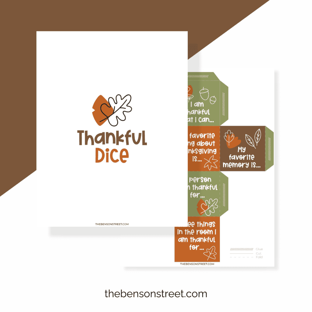 Pages printed off to make a thankful dice with gratitude prompts.