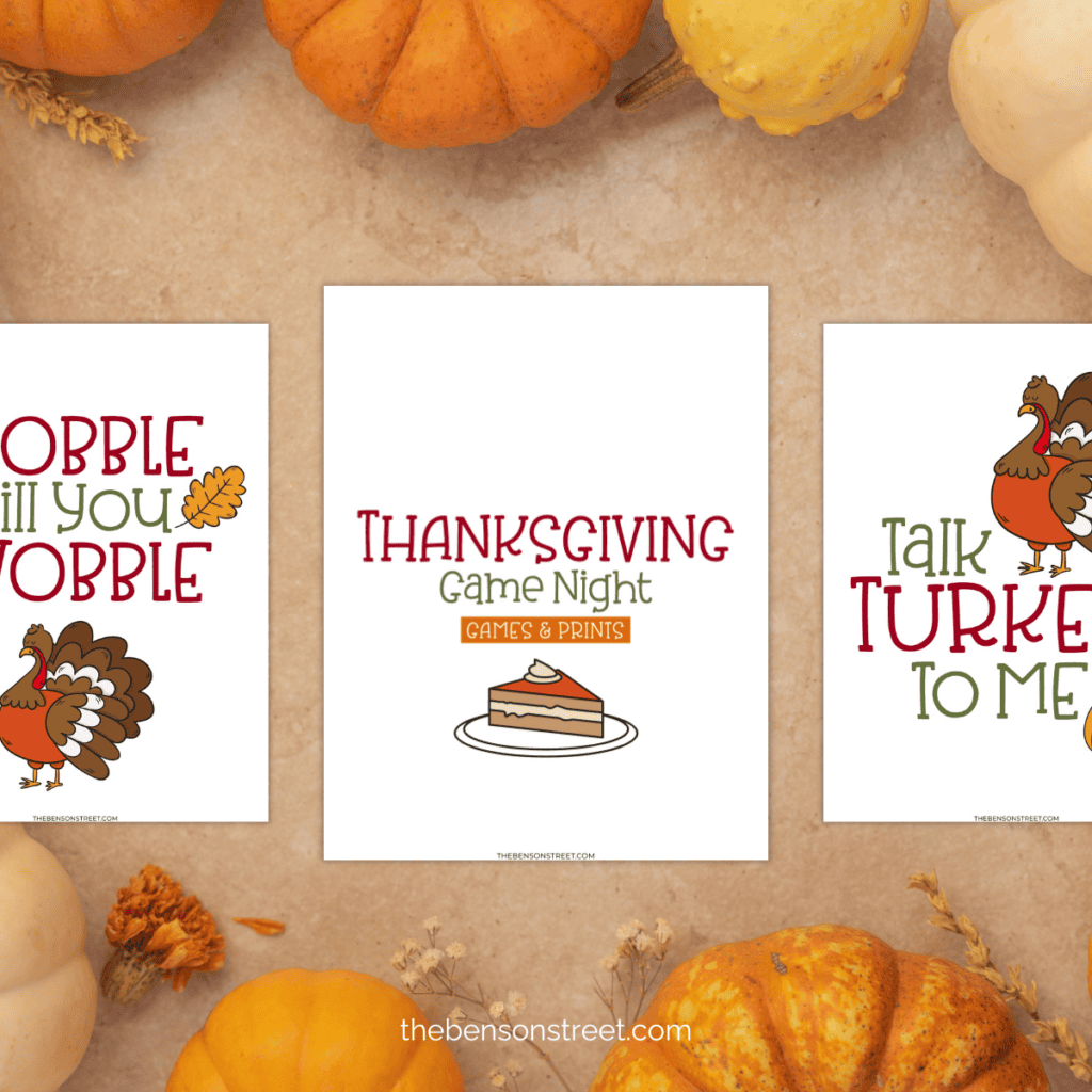 Flat lay of cover page for Thansgiving party game night and decorative prints.