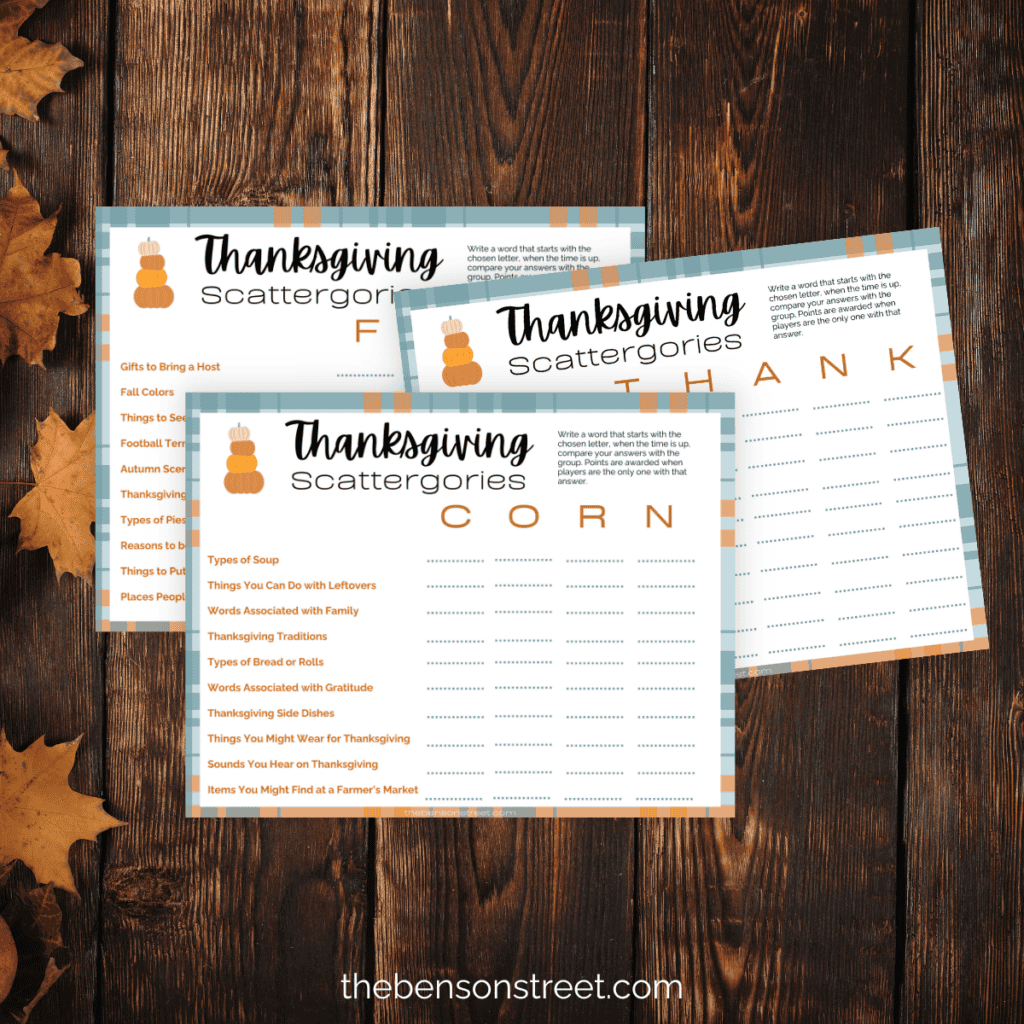 Free Printable Thanksgiving Scattergories Printable Pages for a fun game