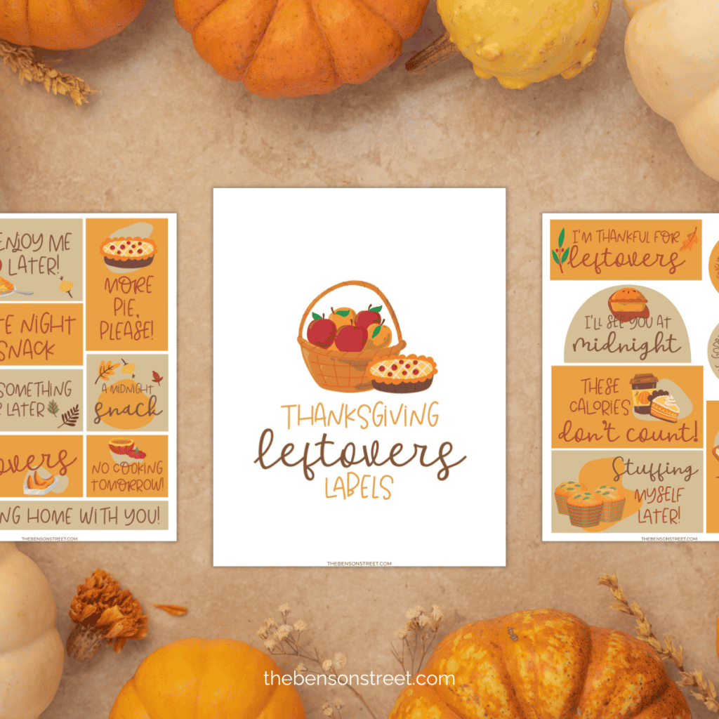 Three pages of leftover labels for Thanksgiving on a fall background.