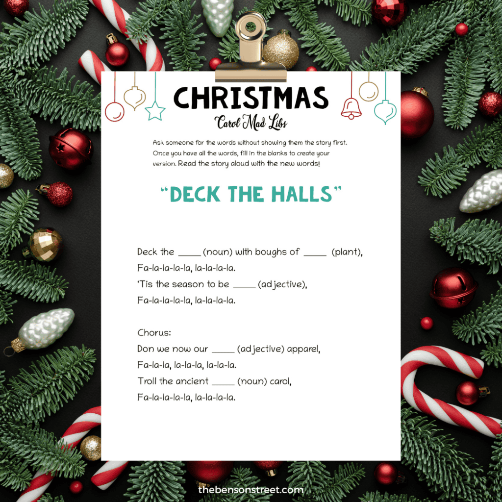 Christmas carol mad lib game printable with festive border design and blanks for creative word entries.