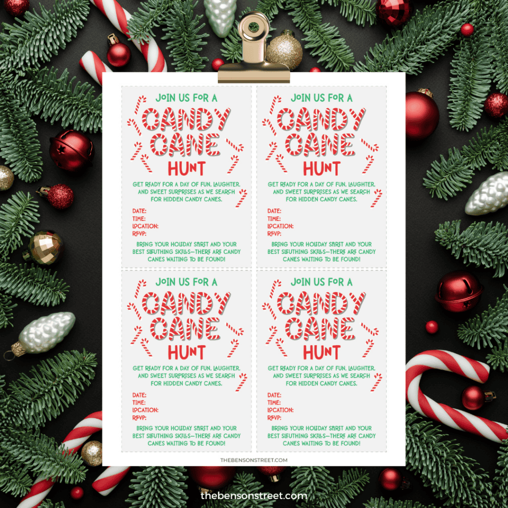Free printable Invitations for a candy cane hunt and more printables