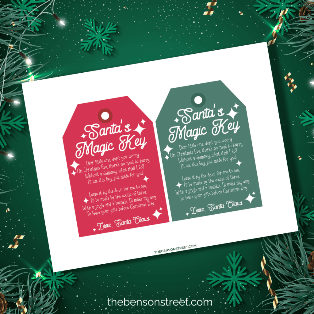 Printable Santa's Magic Key tag, featuring a whimsical Christmas design with bright colors, next to detailed instructions on preparing and using the key for Santa's visit.