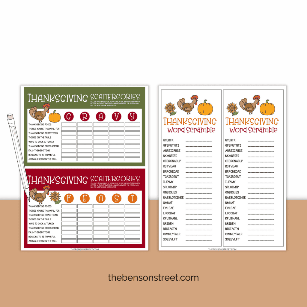 A page of Thanksgiving scattergories and a thanksgiving word scramble with a pencil on top ready to fill in.