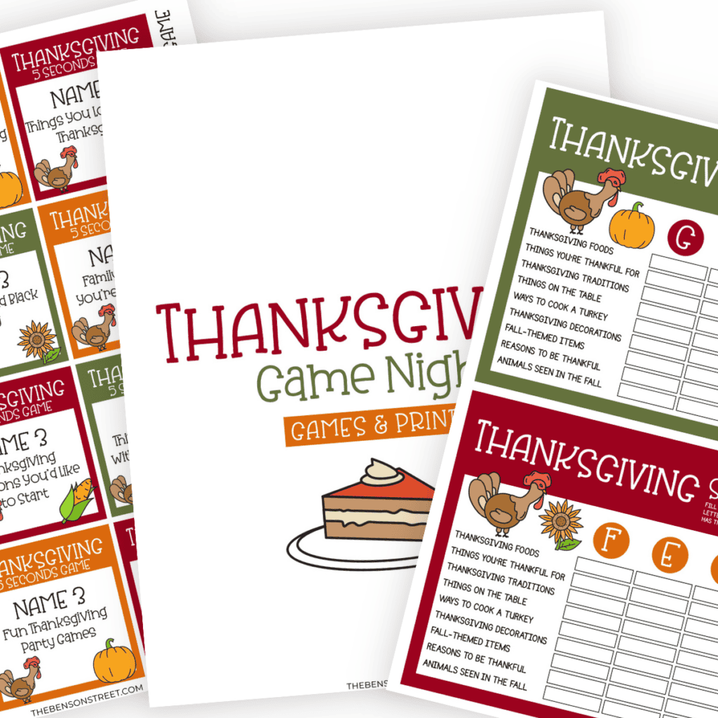 Fanned out stack of three different printable pages from the Thanksgiving Game Night prints.