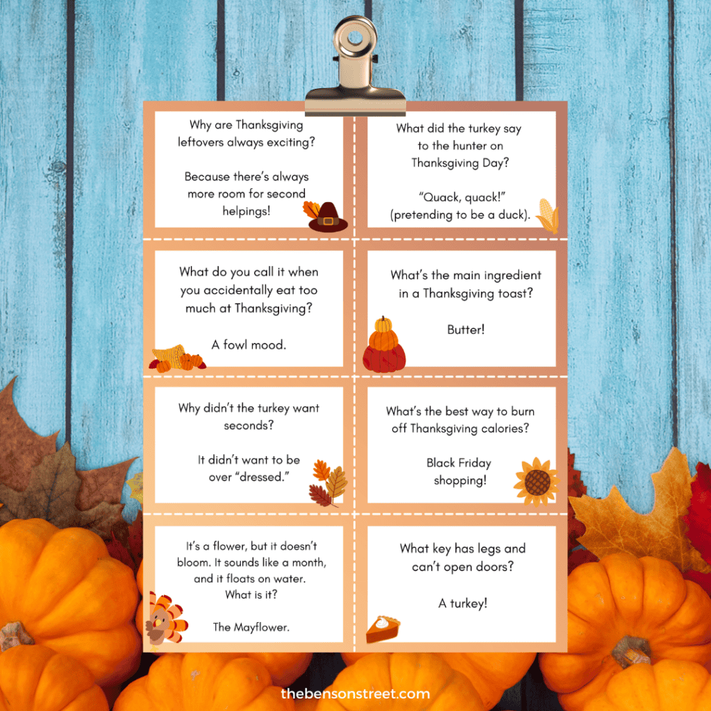 Free to print and cut Thanksgiving themed jokes, riddles, and puns