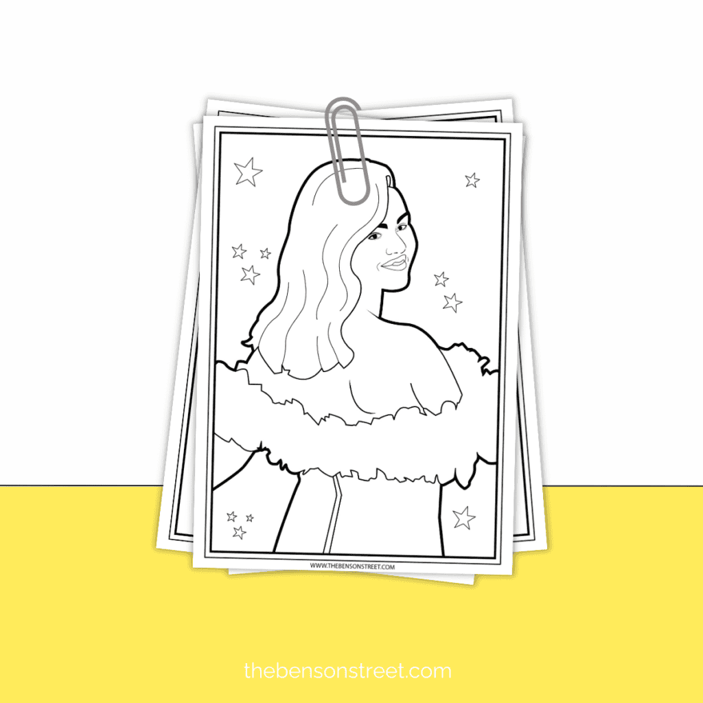Selena Gomez coloring pages in a stack with a paperclip holding them together.