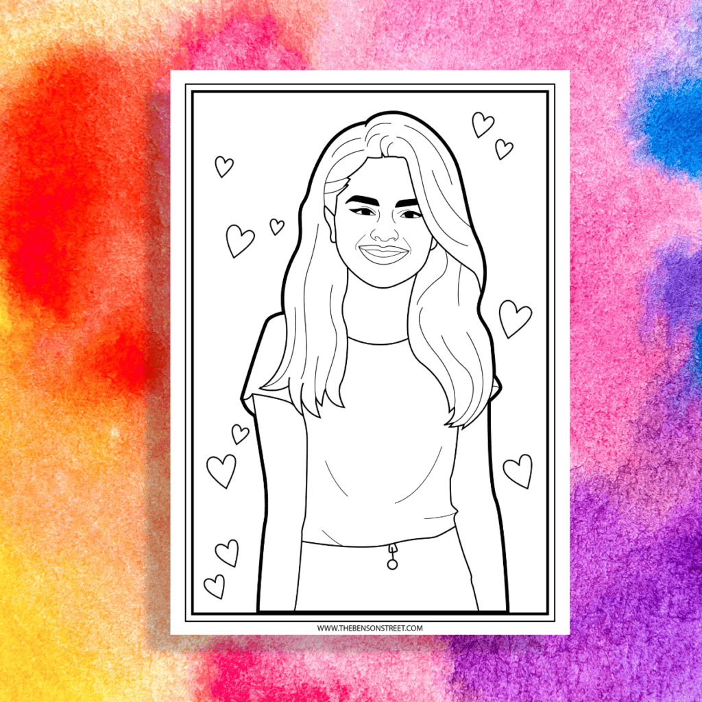 Black and white printable coloring page of Selena Gomez smiling.