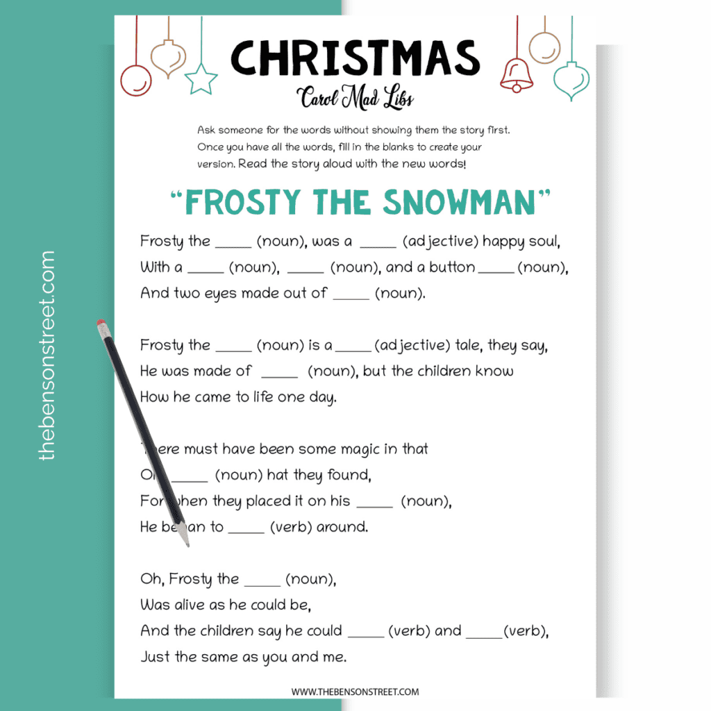 Printable Christmas carol mad lib game featuring joyful carol lyrics with blank spaces for personalized holiday-themed words.