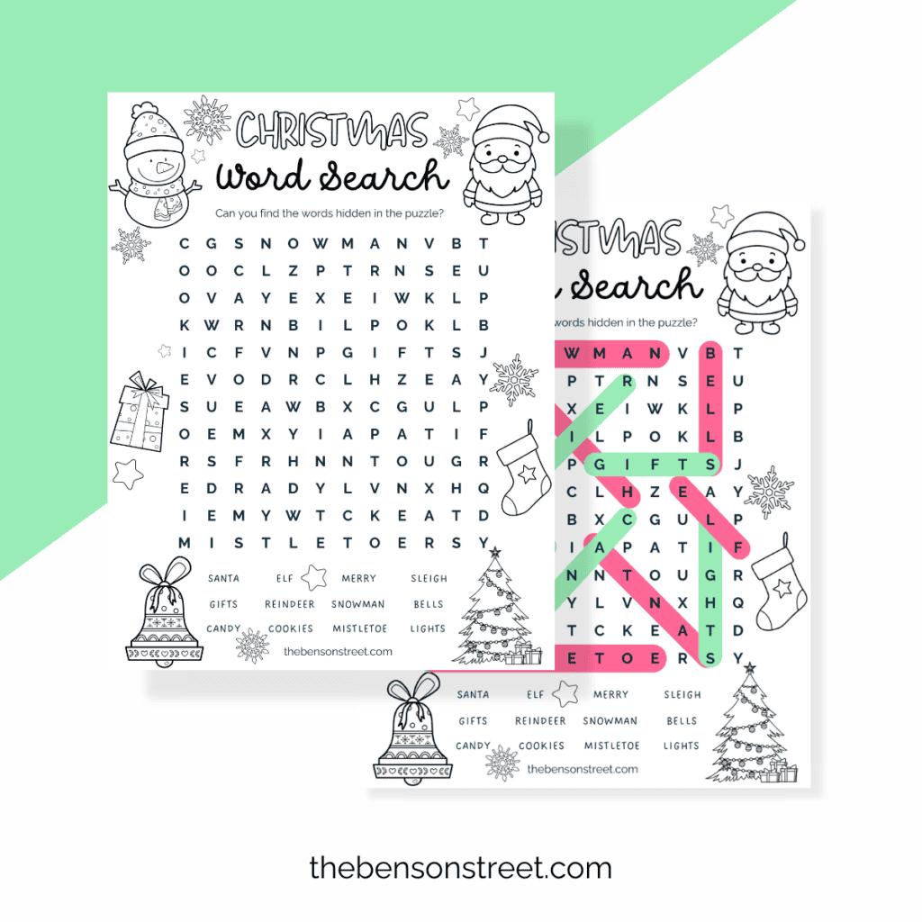 Black and white printable Christmas word search featuring festive words like 'Santa,' 'snow,' and 'ornament,' with answer key