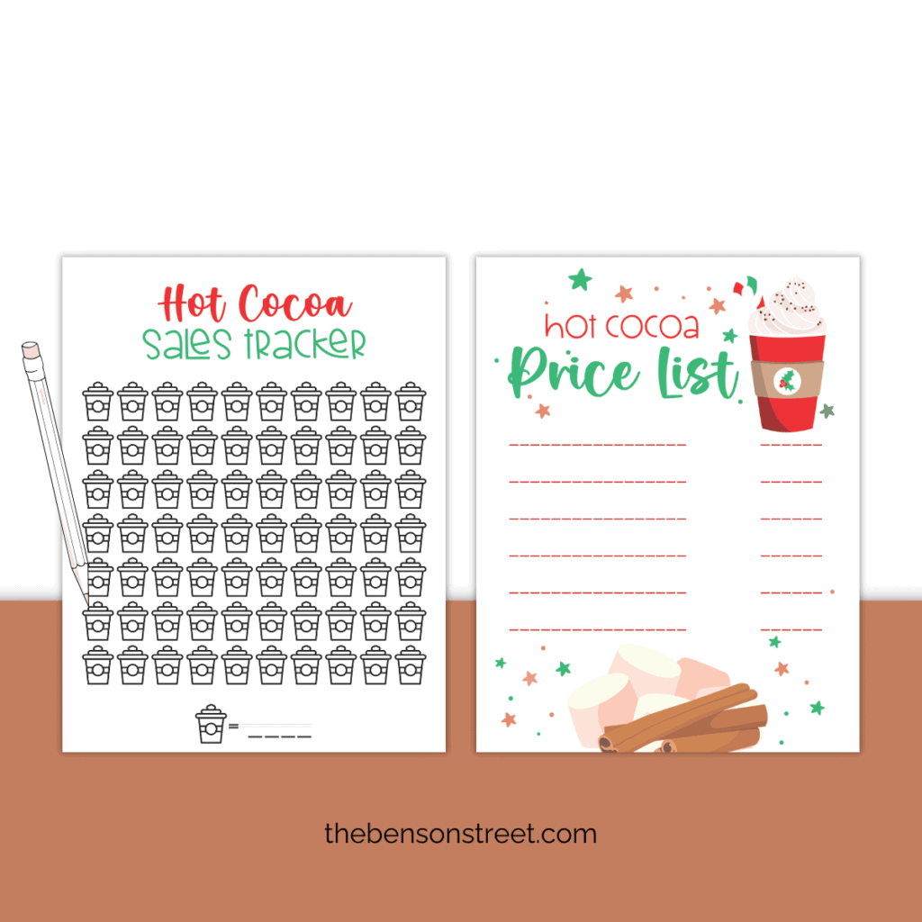 Hot cocoa sales tracker and price list printables