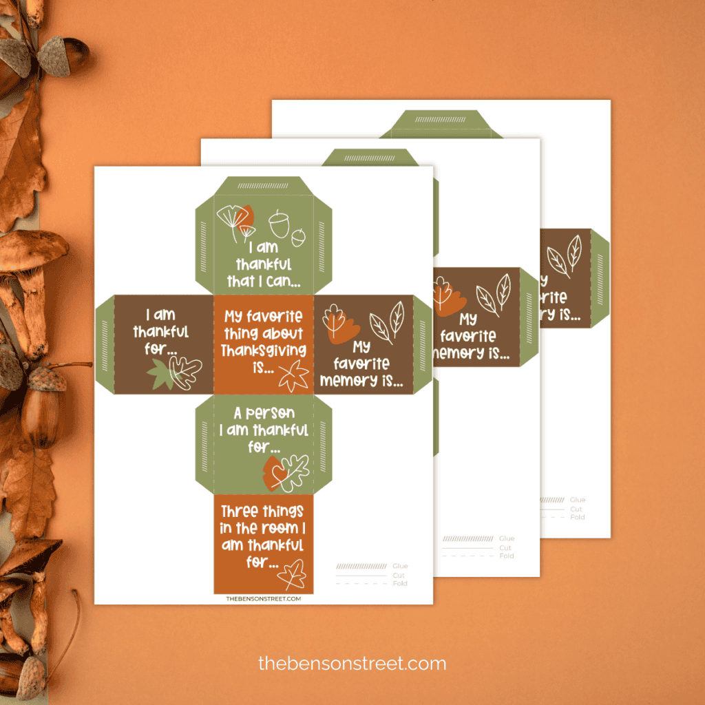 Three printable sheets of a printable thankful dice game for a fun thanksgiving game to reflect on gratitude.