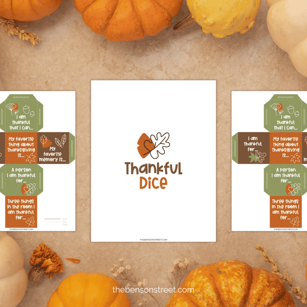 Two pages of printed out thankful dice and the title page.