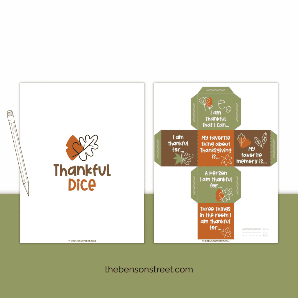 The two sheets of printable Thankful dice with apencil on top.