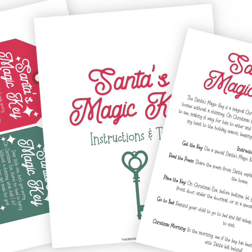 Printable Santa's Magic Key tag designed with holly leaves and snowflakes, accompanied by a page that gives instructions for families on how to use the key for Santa.