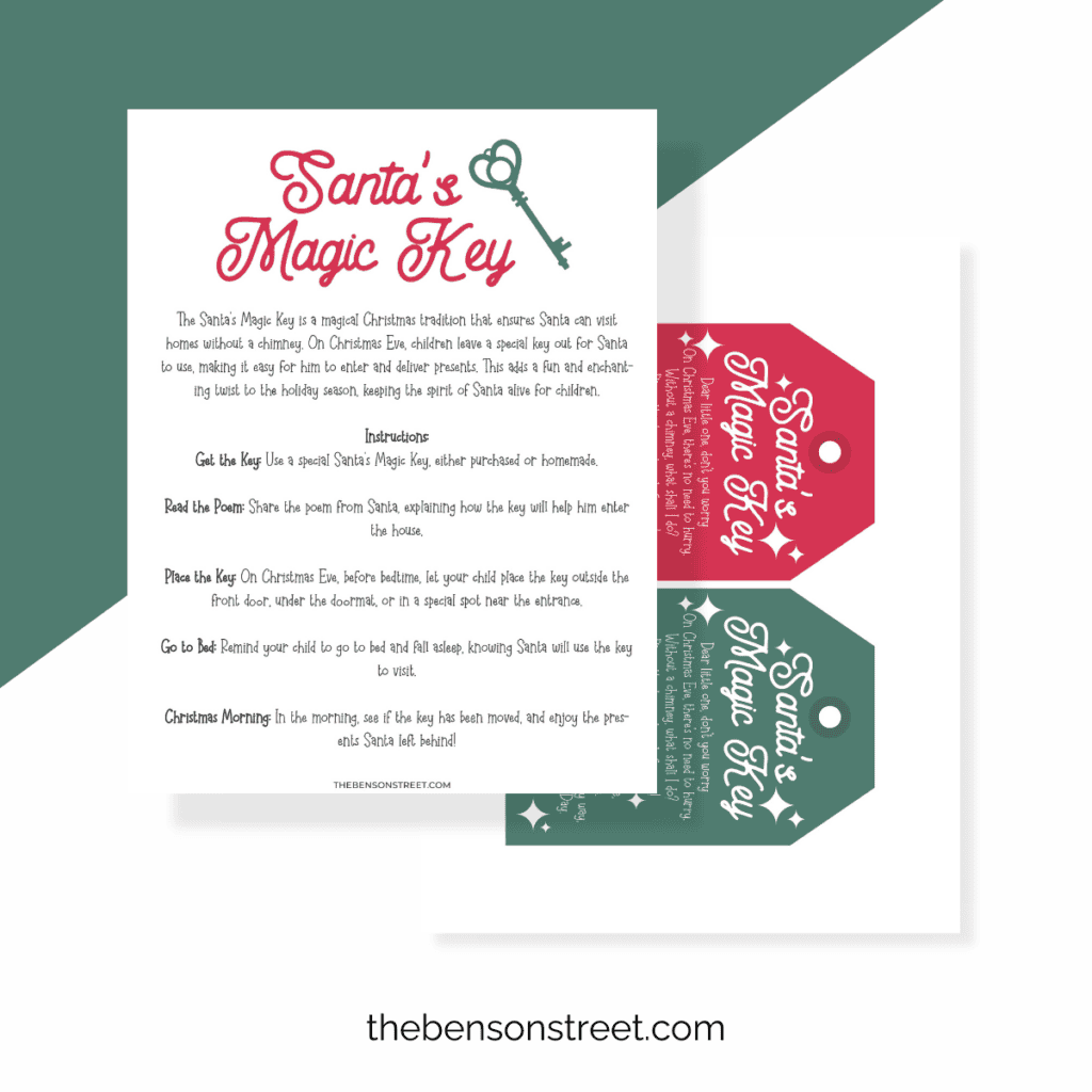 A free printable Santa's Magic Key tag with a charming design, including a key illustration and playful holiday fonts, next to a set of clear instructions for parents on how to leave the key for Santa.