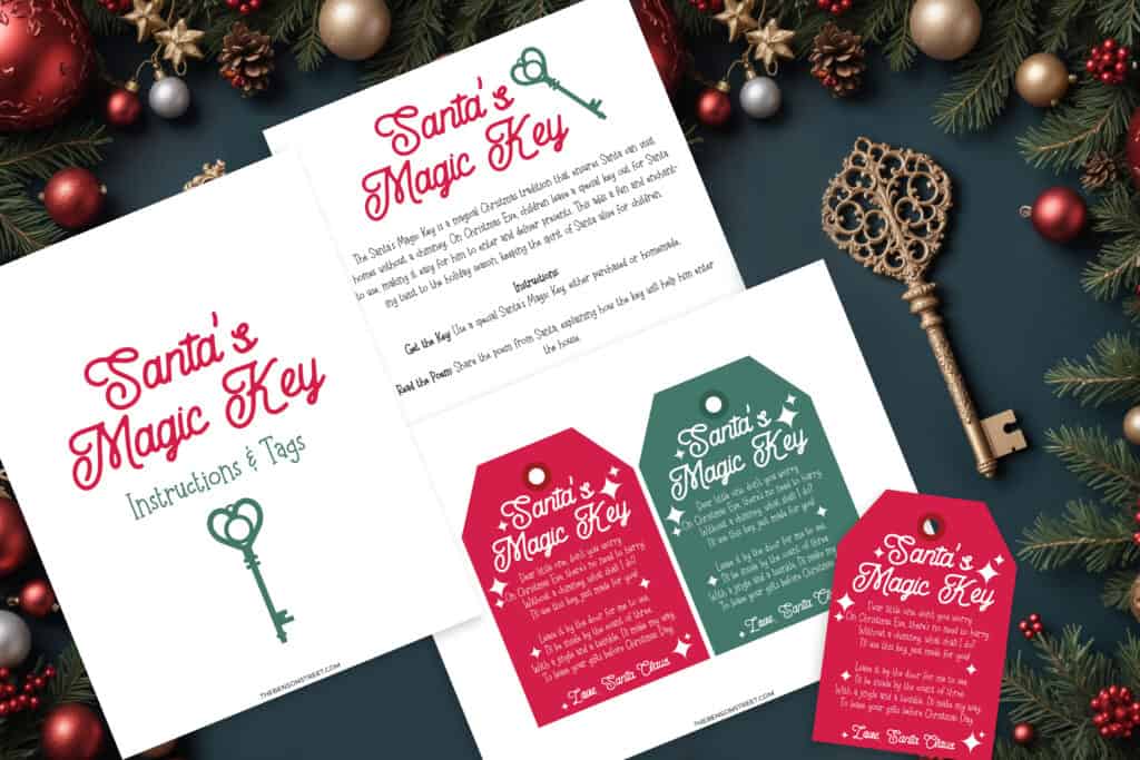 Santa's Magic Key tag printable featuring a festive red and green design, with decorative snowflakes and the words 'Santa's Magic Key' in bold text, alongside a page of instructions explaining how to use the key for homes without chimneys