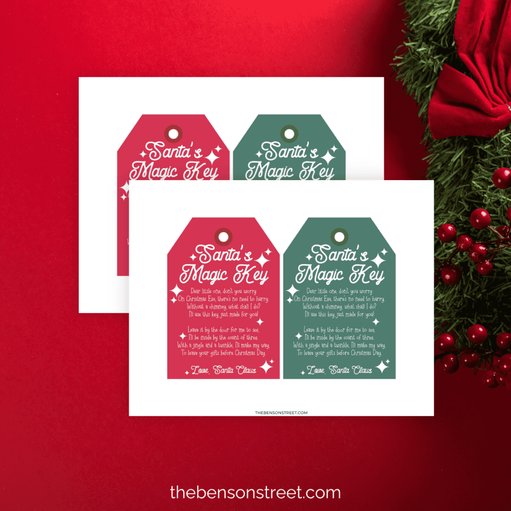 Free printable Santa's Magic Key tag in vibrant holiday colors, paired with a page of instructions guiding families on how to leave the key for Santa if they don't have a chimney.