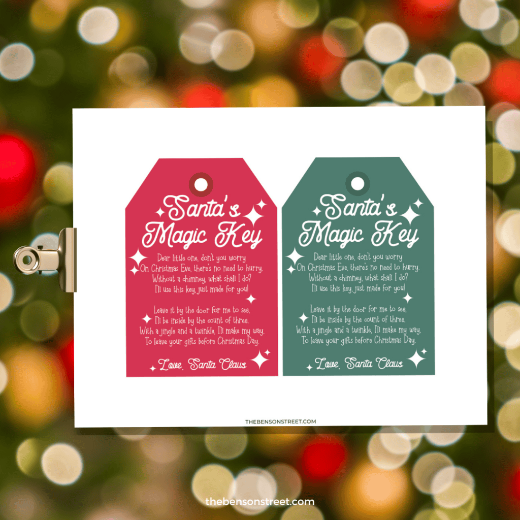 Santa's Magic Key tag in red and white, featuring playful lettering and a key graphic, next to a simple page of instructions that tells parents how to explain the key's magic to children.