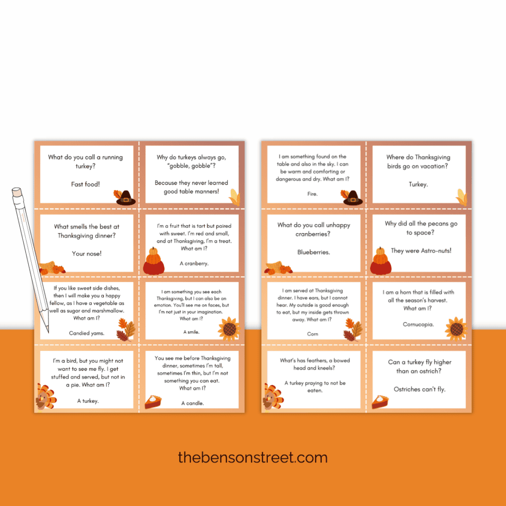 Set of over 100 Free printable Thanksgiving Riddles Jokes and Puns Cards for Thanksgiving dinner