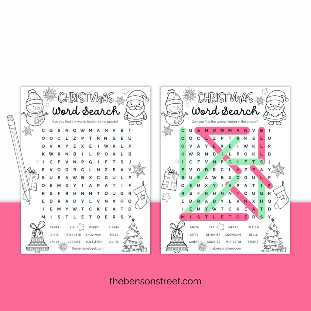 Christmas word search puzzle in black and white, filled with holiday-related words like 'tree' and 'snowflake,' plus a key with the correct answers.