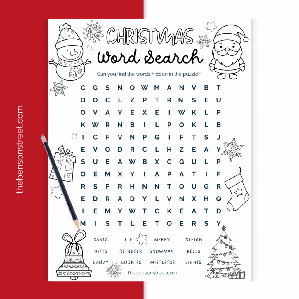 Simple black and white Christmas word search printable, containing holiday words and an answer key to help find each hidden word.