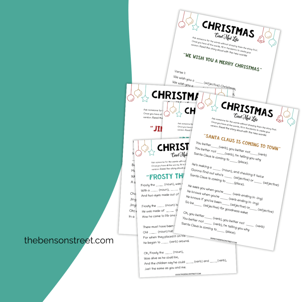 Printable mad lib game featuring well-known Christmas carol phrases with spaces for fun and silly word choices.