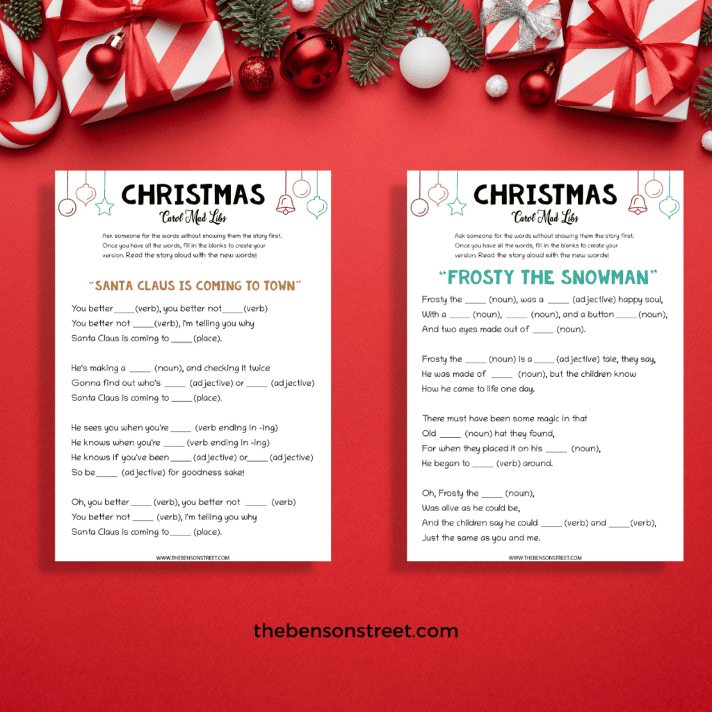 Printable Christmas carol mad lib game with blank spaces for players to fill in holiday-themed words.
