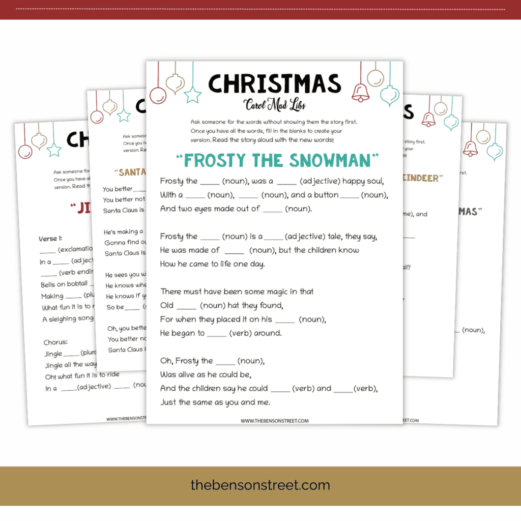 Printable Christmas carol mad lib with cheerful illustrations and space for players to add their own creative words.