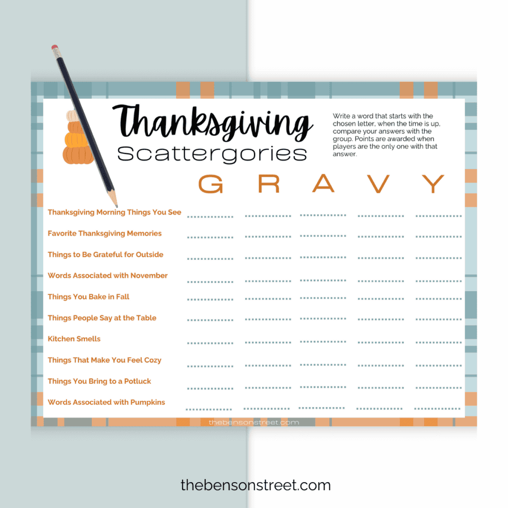 Thanksgiving Game Time. Free Printable Thanksgiving Scattergories Printable Pages for a fun game