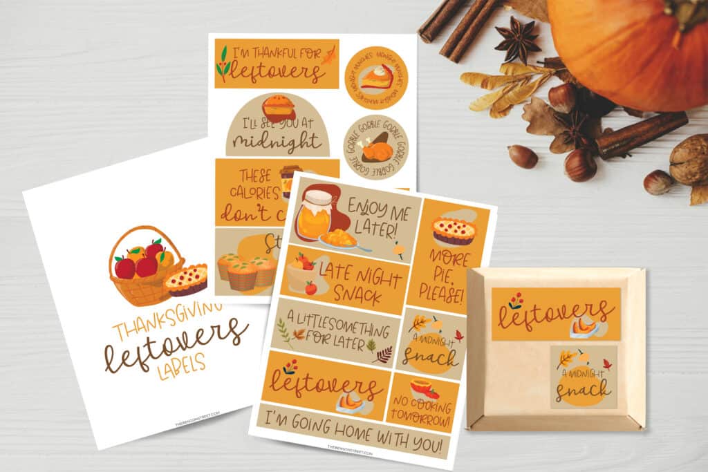 flat lay from above of Thanksgiving leftovers with labels on a to go box.