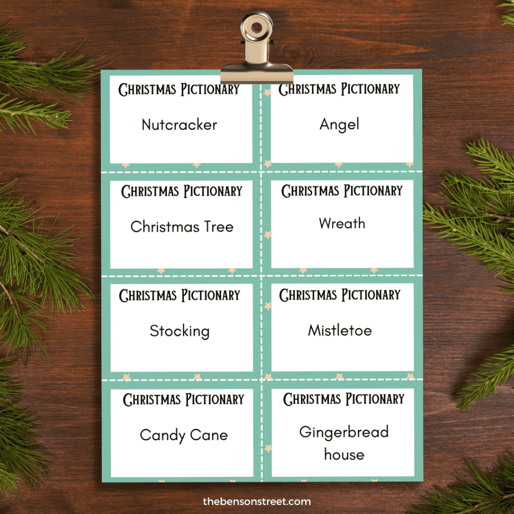 A bunch of prompt cards for Christmas Pictionary